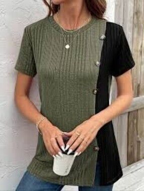 Army Green & Black Two-Tone Top with Buttons Down the Side, Size XL